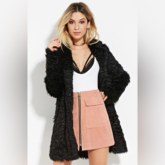 Vegan Fur Coat black textured faux fur jacket long  length pockets - Picture 1 of 4